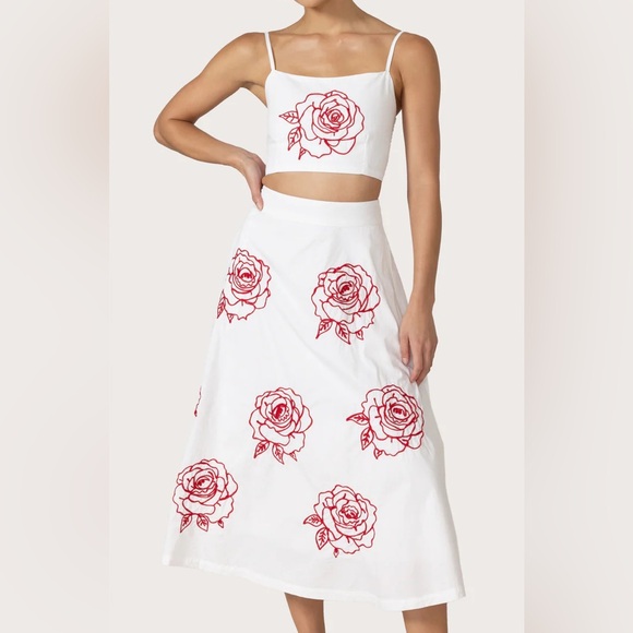 LUSANA Nova Poplin Cleo Floral Embroidered White and Red Skirt - Picture 1 of 12